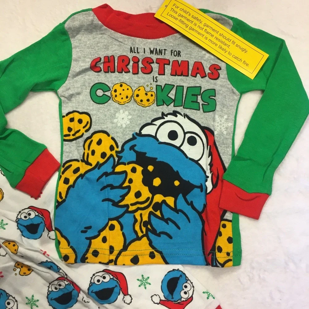 Sesame Street Cookie Monster Christmas Pajamas Kids Multi New Holiday Set 2T
